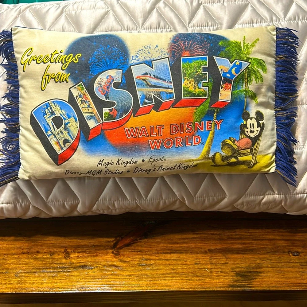 Greeting From Disney Pillow, Vintage Postcard Stamp Look